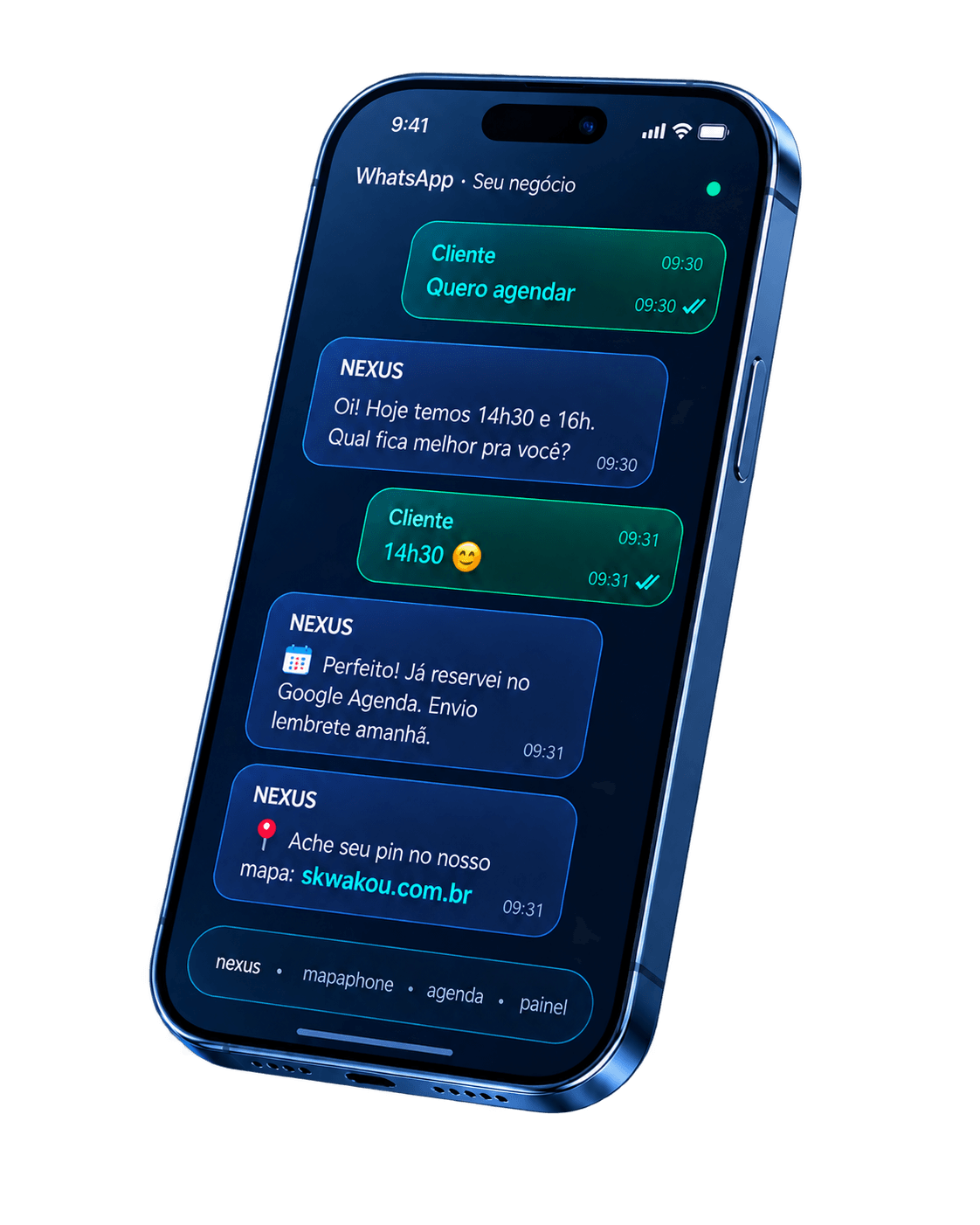 Conversa de WhatsApp atendida pelo Atendente Digital da Skwakou